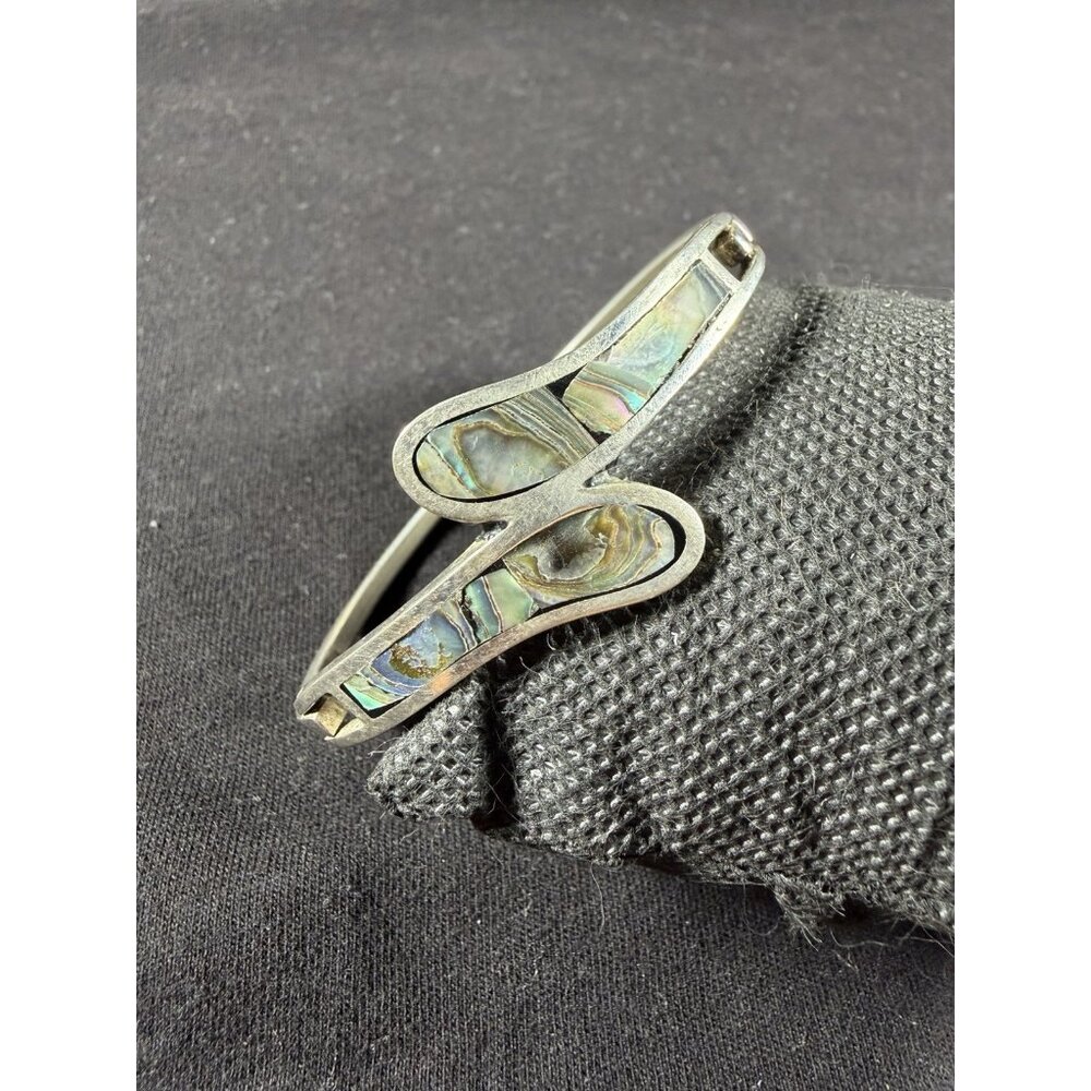Vintage 925 Sterling Silver Abalone Inlay Hinged Bracelet 14g Signed MCM